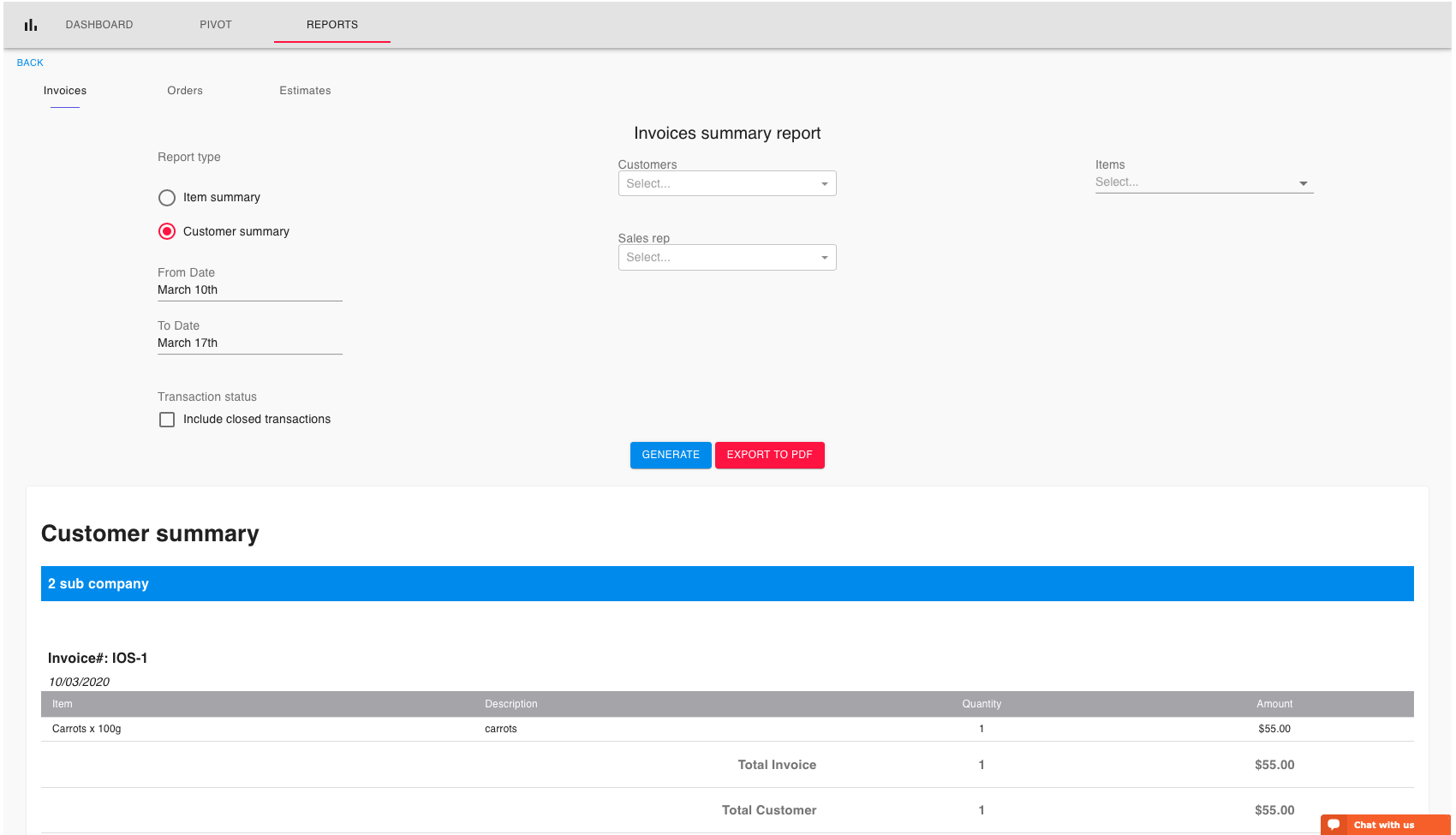 customer invoices summary report