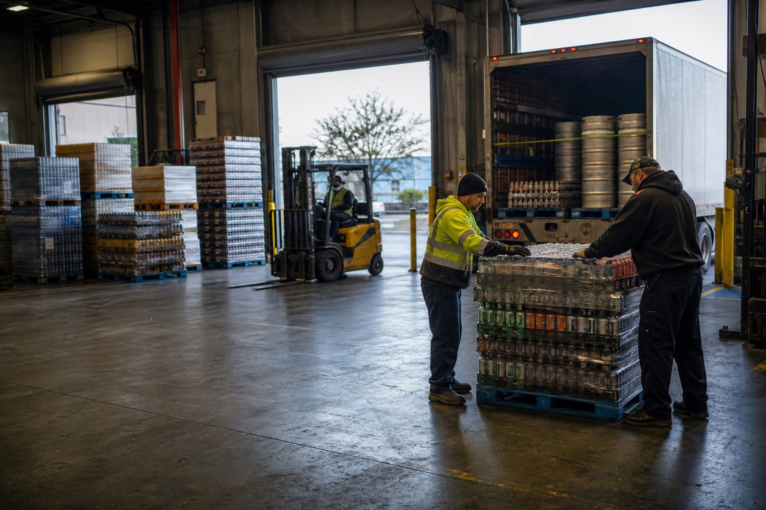 Beverage, Wine & Beer Distribution Software Beverage warehouse team loading mixed beverage pallets into a route truck