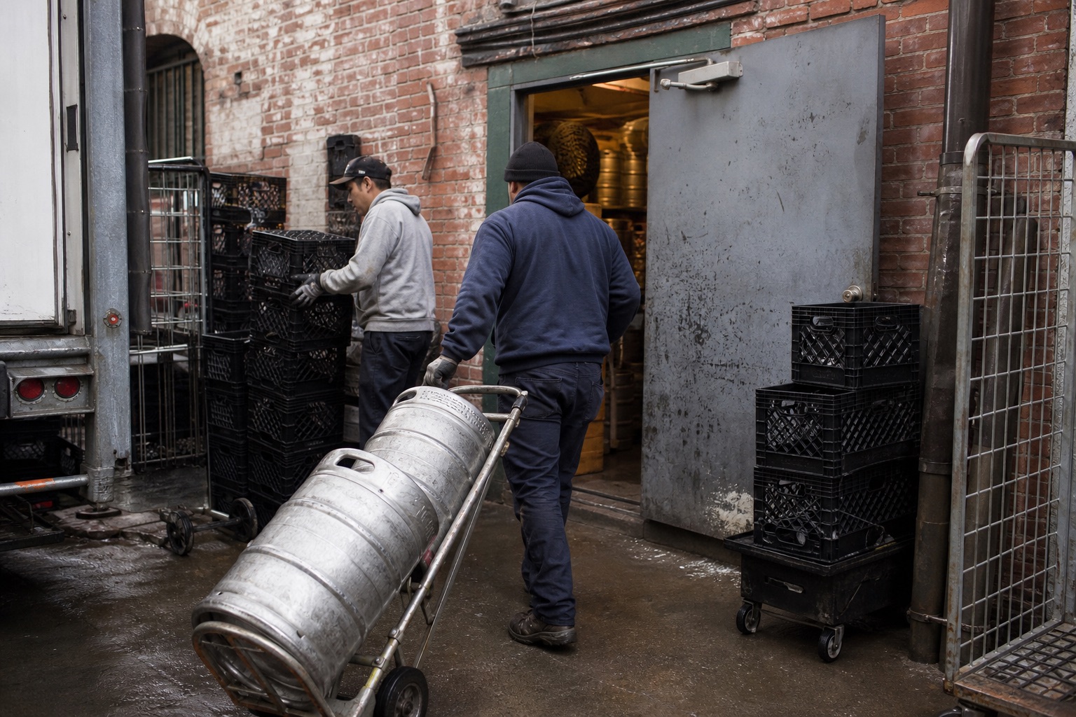 Beverage, Wine & Beer Distribution Software Beverage route workers collecting kegs and empty crates behind a restaurant