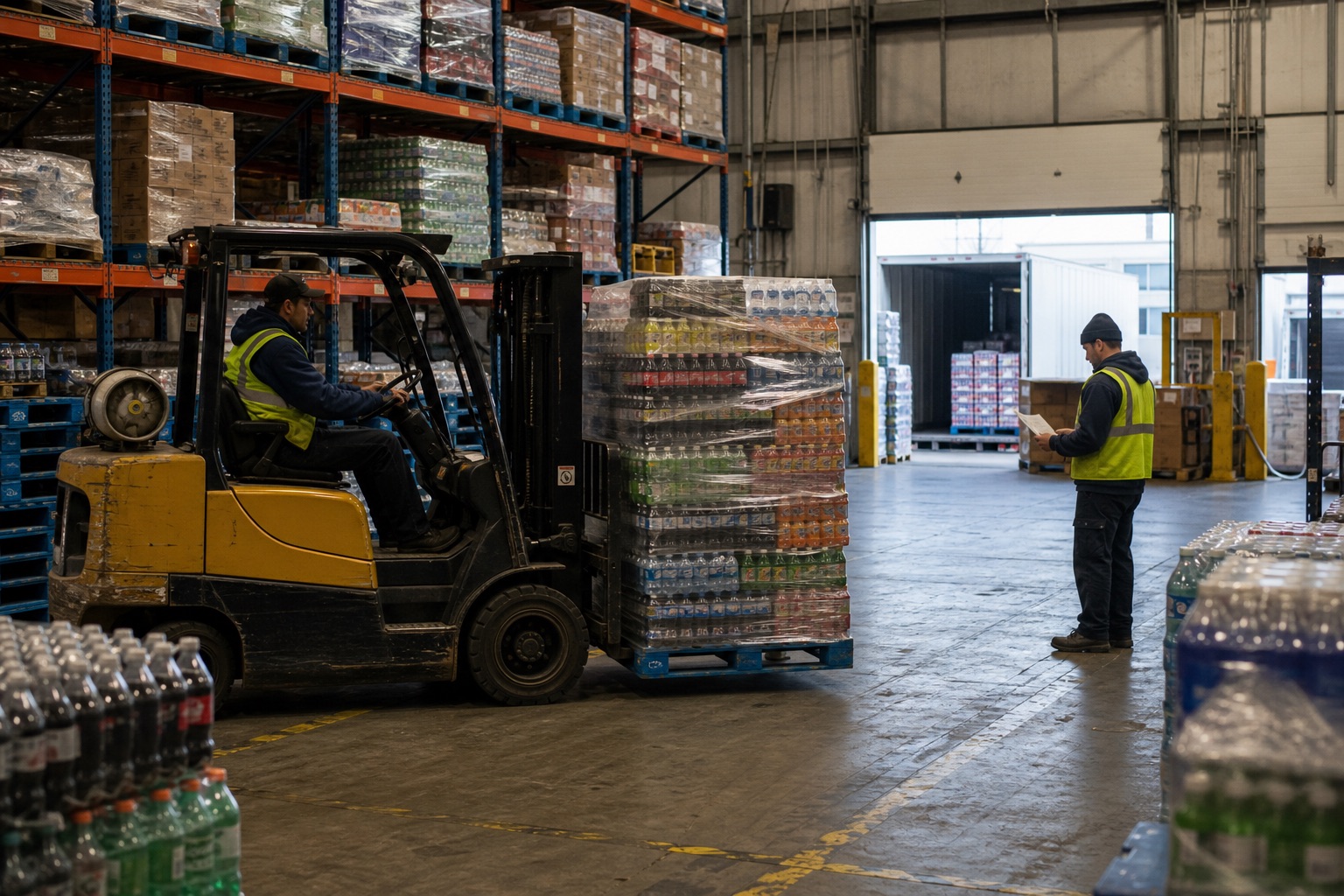 Beverage, Wine & Beer Distribution Software Forklift operator preparing a mixed beverage pallet for an outbound route