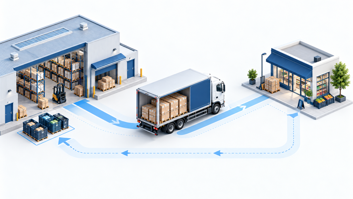 Conceptual illustration of stock moving from a warehouse to a DSD truck and retail store, with returns flowing back.