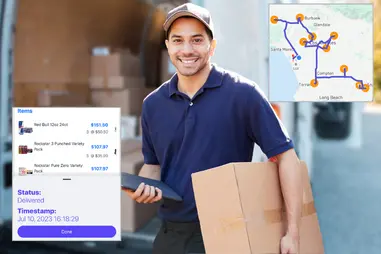 Conductor de reparto que utiliza la aplicación inSitu Dispatch con detalles de ruta y entrega.