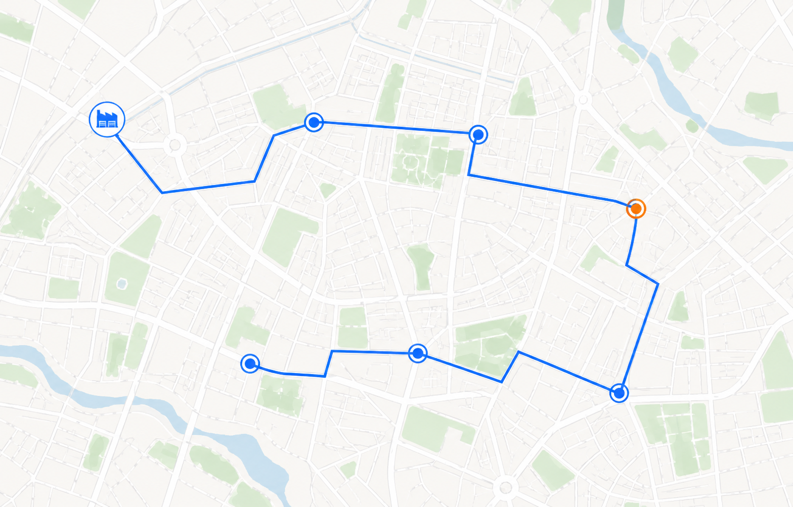 Mapa ilustrativo de optimización de rutas de entrega con depósito y paradas secuenciadas.