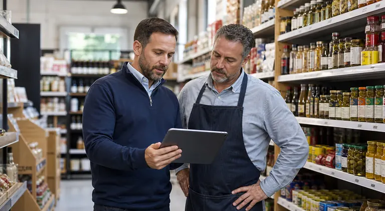 Integraciones Un representante de ventas de campo utiliza un dispositivo móvil durante una visita a un cliente.