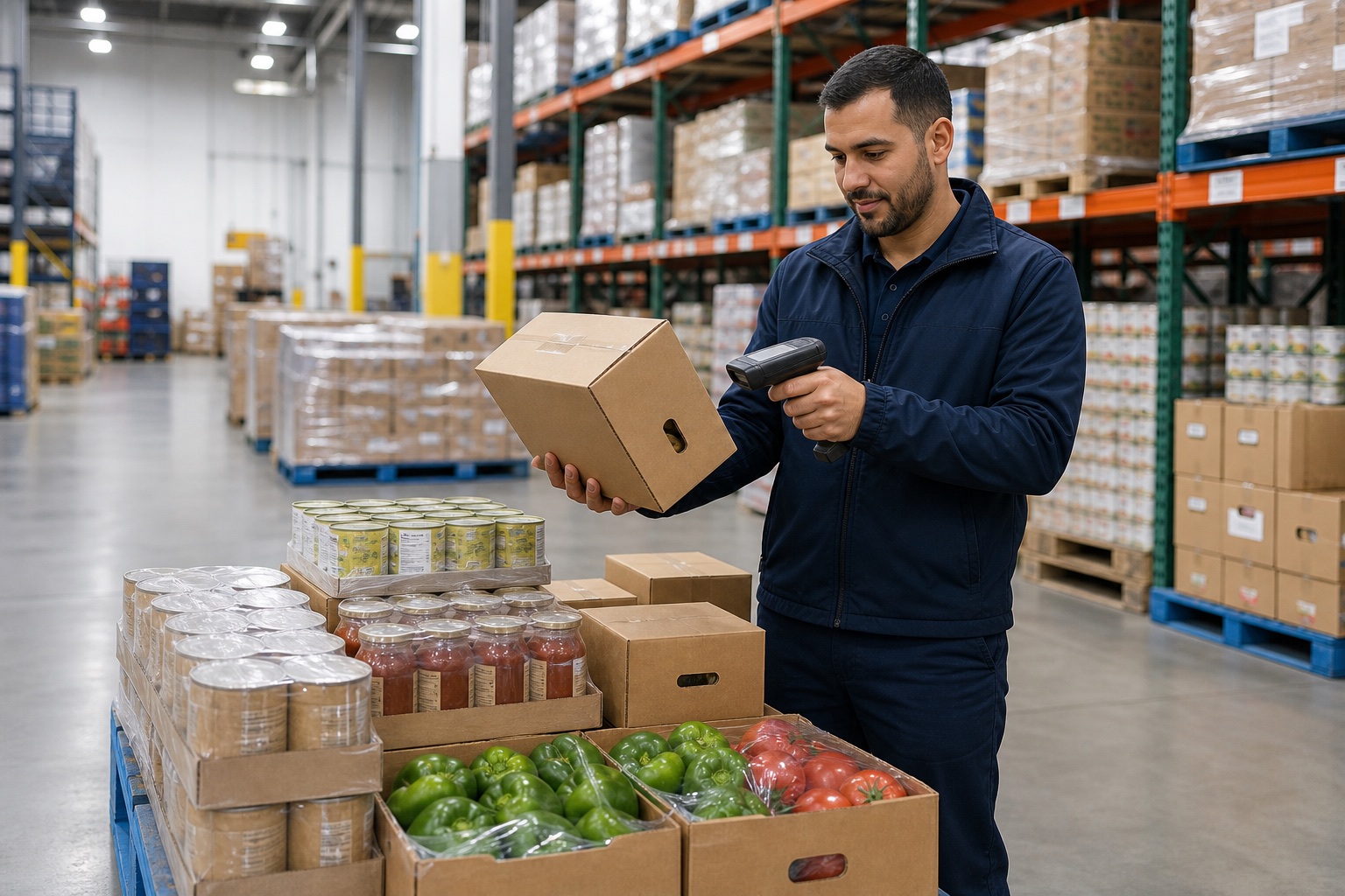 Operario de almacén de distribución de alimentos escaneando una caja para su preparación.