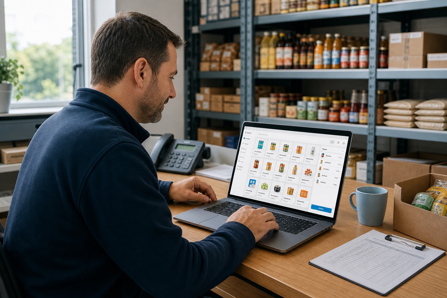 Gerente de supermercado independiente que realiza pedidos de productos a través de un portal de clientes B2B.
