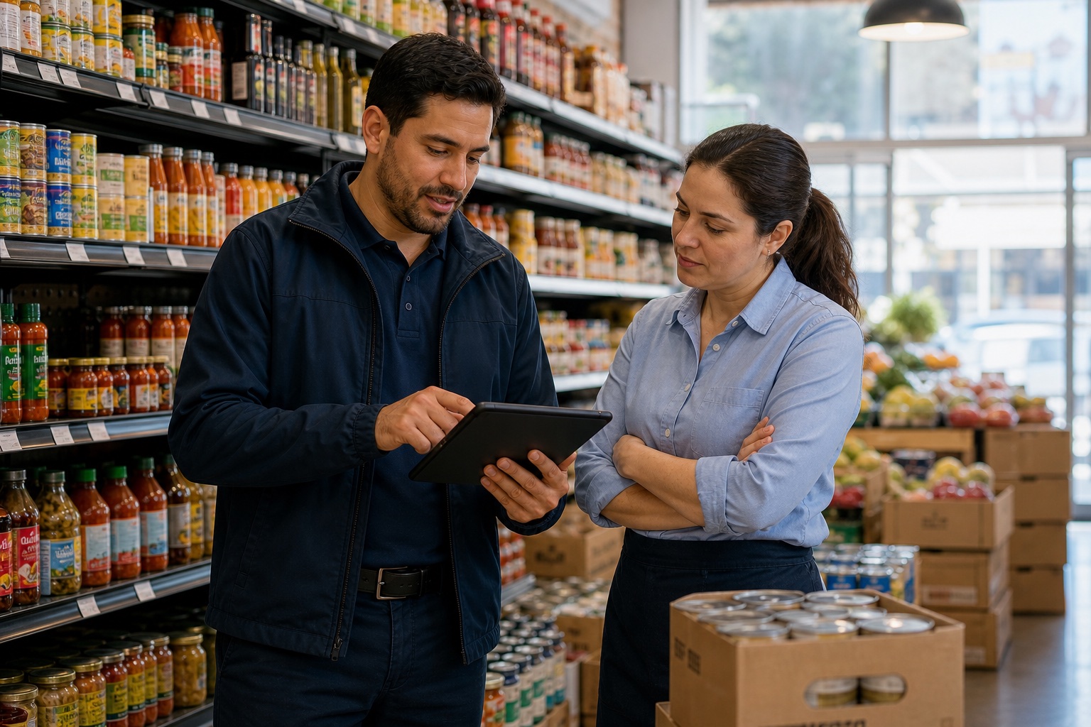 Representante de campo de un distribuidor de alimentos revisando un pedido de tienda con el cliente.
