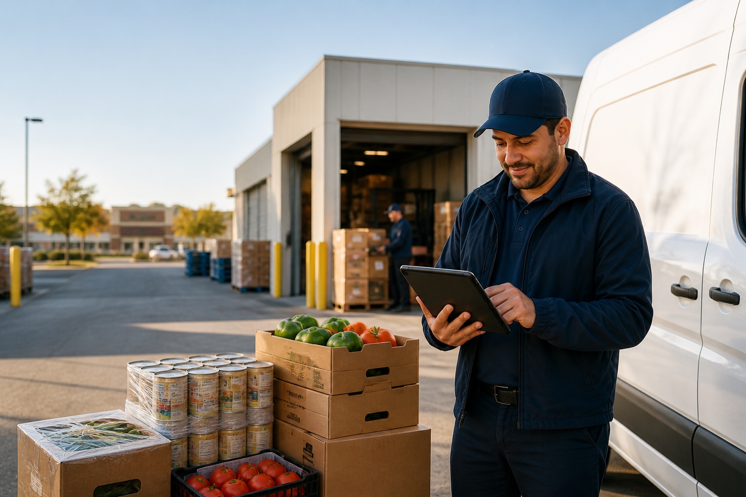 Distribuidor de alimentos y comestibles revisando una entrega en el área de recepción de la tienda.