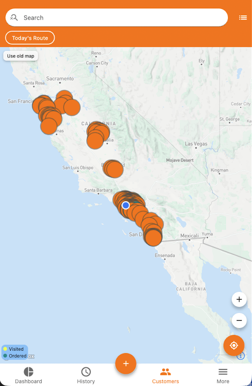 Peta seluler inSitu Sales yang menunjukkan rute DSD distributor dan pemberhentian pelanggan.