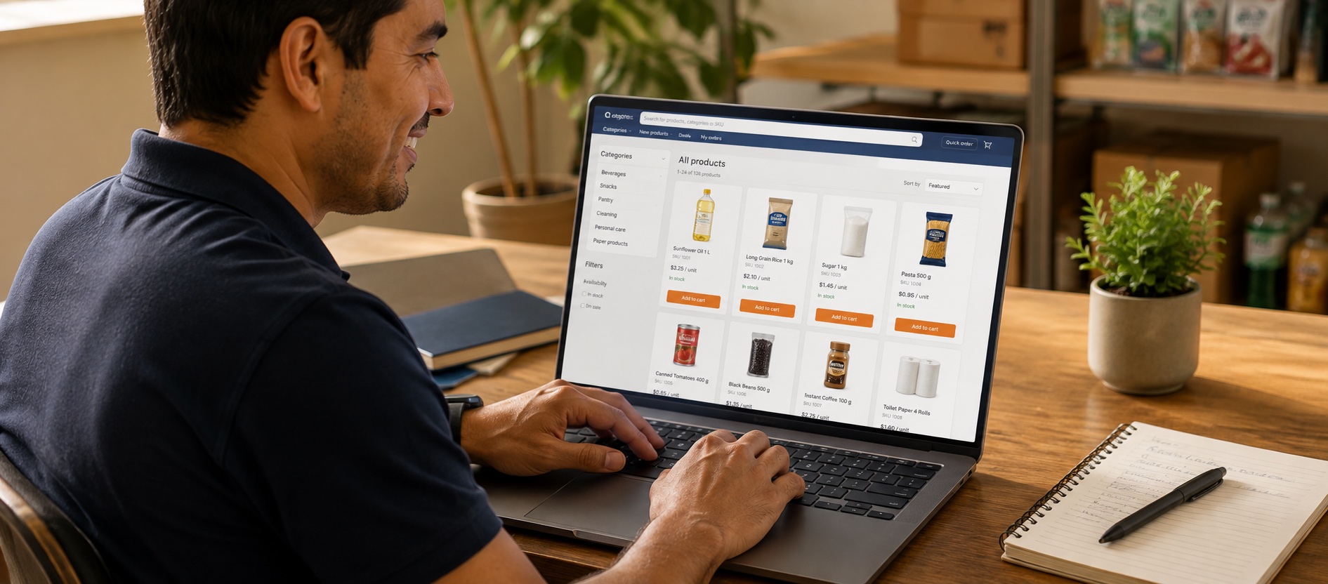 Pelanggan grosir melakukan pemesanan melalui portal e-commerce B2B.