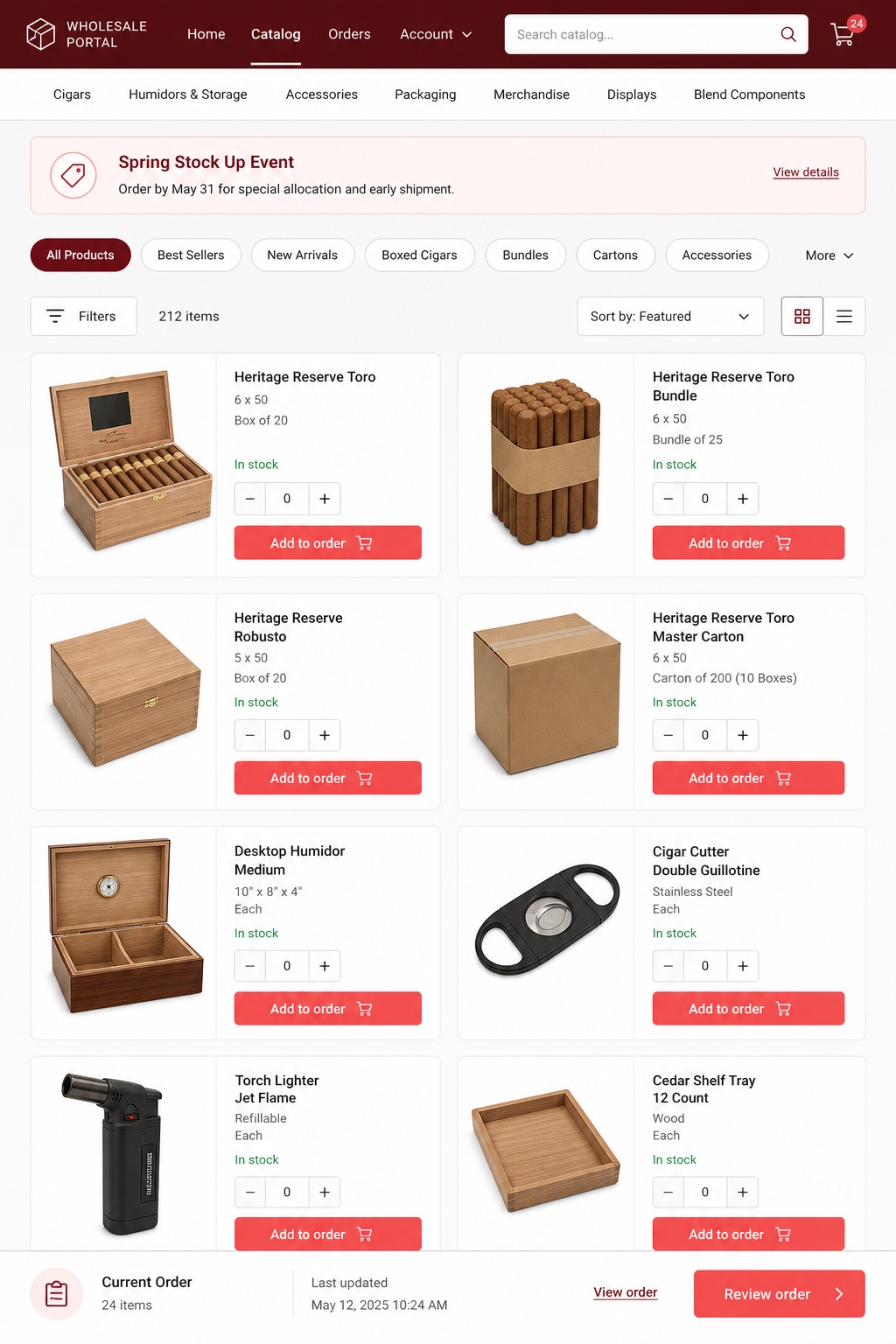 Tobacco & Cigar Software for Distributors inSitu-style private B2B cigar catalog with categories, product cards, quantities, and order review without payment processing