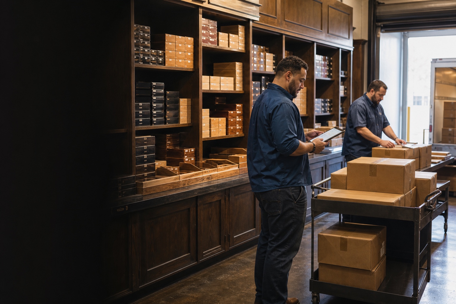 Tobacco & Cigar Software for Distributors Adult cigar distribution team preparing sealed cigar boxes for an authorized B2B route