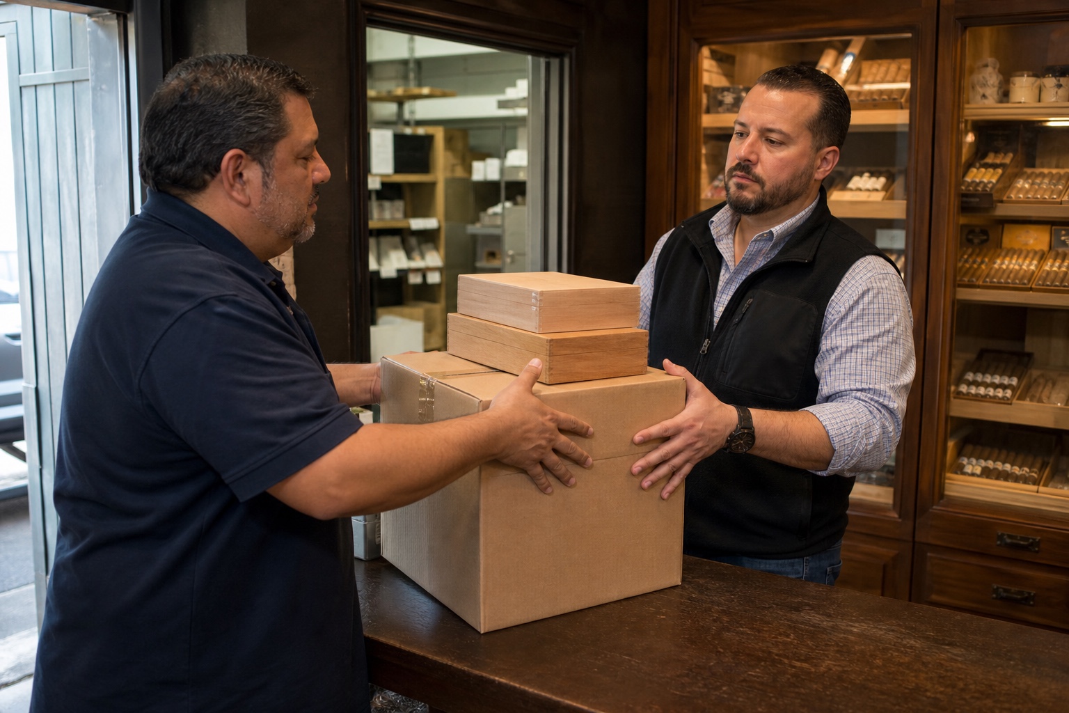 Tobacco & Cigar Software for Distributors Adult route driver delivering sealed cigar cartons to an authorized cigar-store receiver