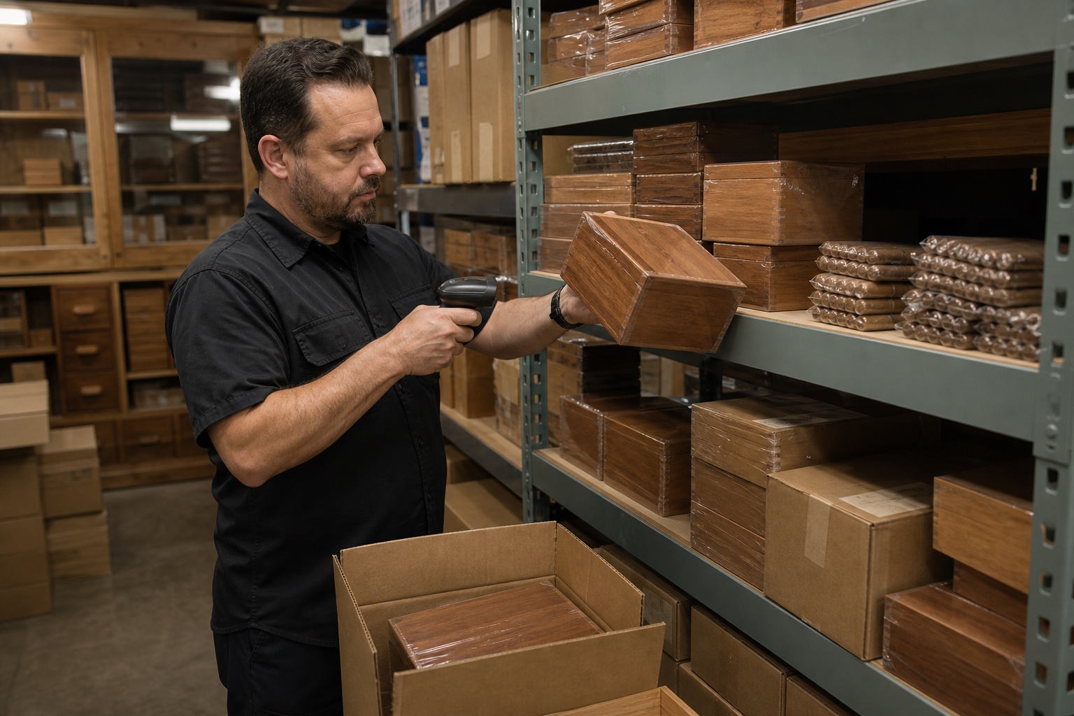 Tobacco & Cigar Software for Distributors Adult cigar warehouse picker scanning sealed wooden cigar boxes for fulfillment