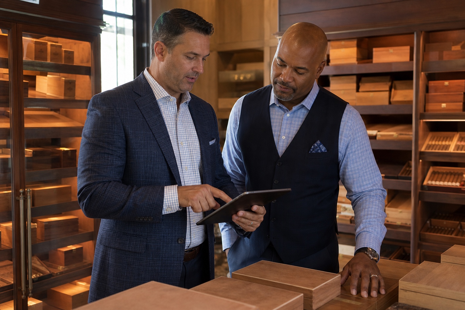 Tobacco & Cigar Software for Distributors Adult field sales representative reviewing a wholesale cigar order with an authorized smoke-shop manager