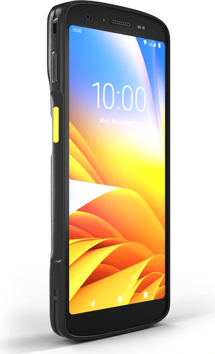 Escáneres Ordenador móvil portátil Zebra TC27 con sistema operativo Android, escáner de código de barras integrado y vista frontal en ángulo.
